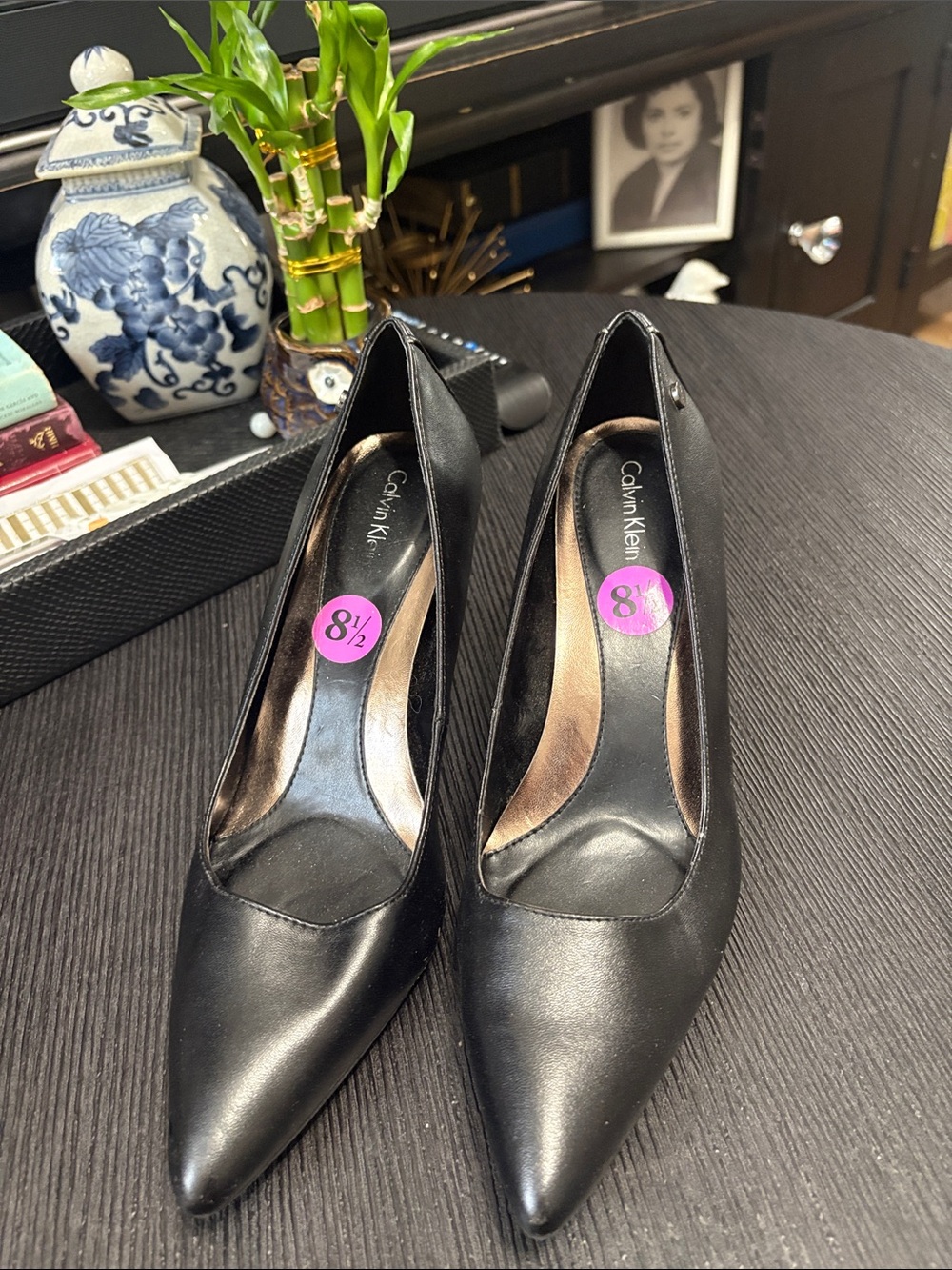Calvin Klein Black Pointed-Toe Leather Pumps